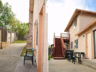 Exterior view of Orange Grove Senior Living showing building, stairs, and outdoor seating.