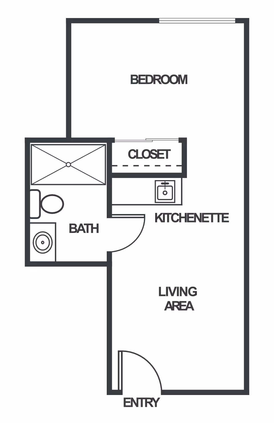 Black-and-white floor plan of an apartment showing an entry, living area, kitchenette, closet, bath, and bedroom.