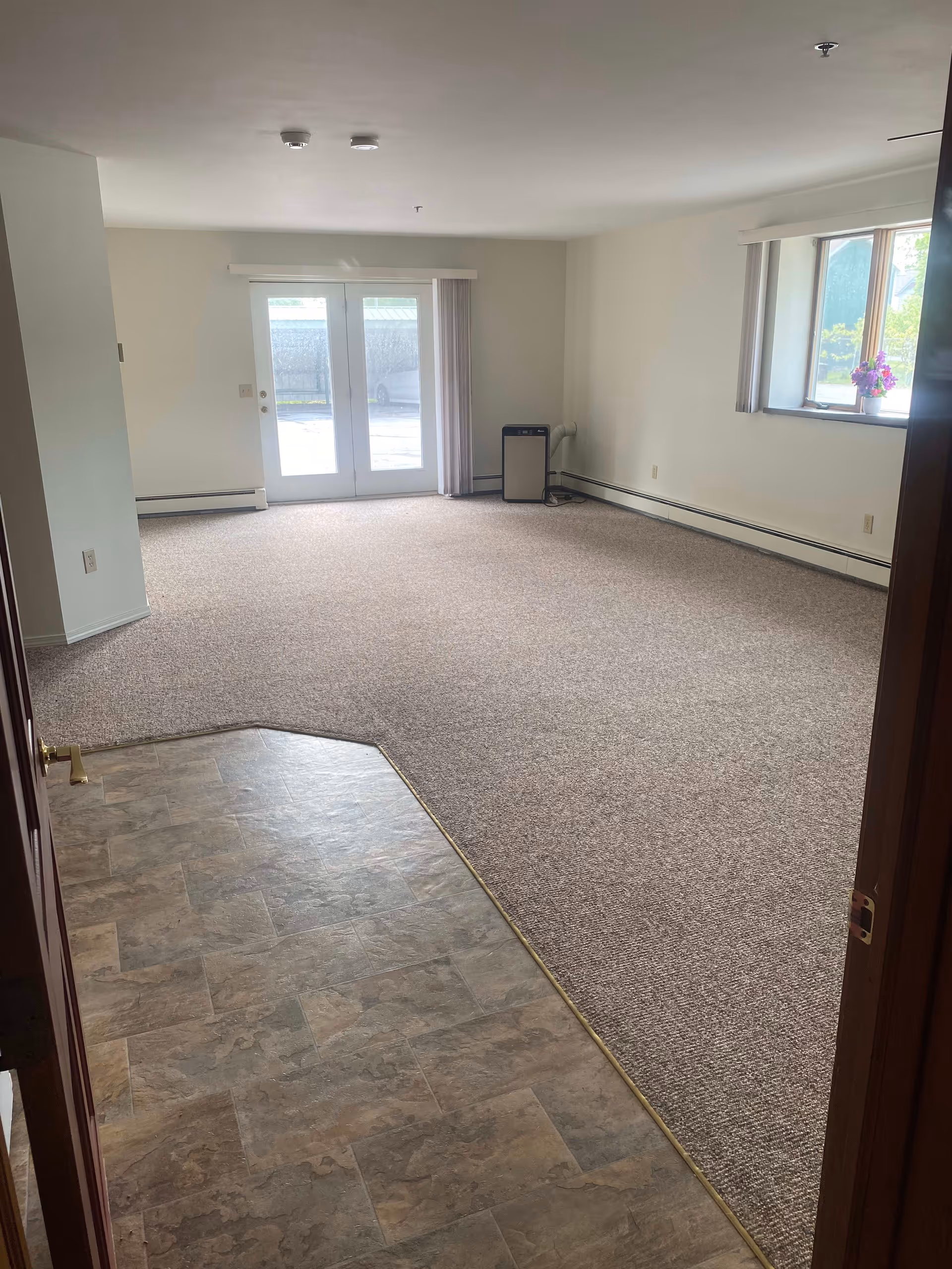Empty room with beige carpet and tiled floor section near the entrance, white walls, a window with vertical blinds and a small flower pot on the windowsill, and double glass doors leading outside.