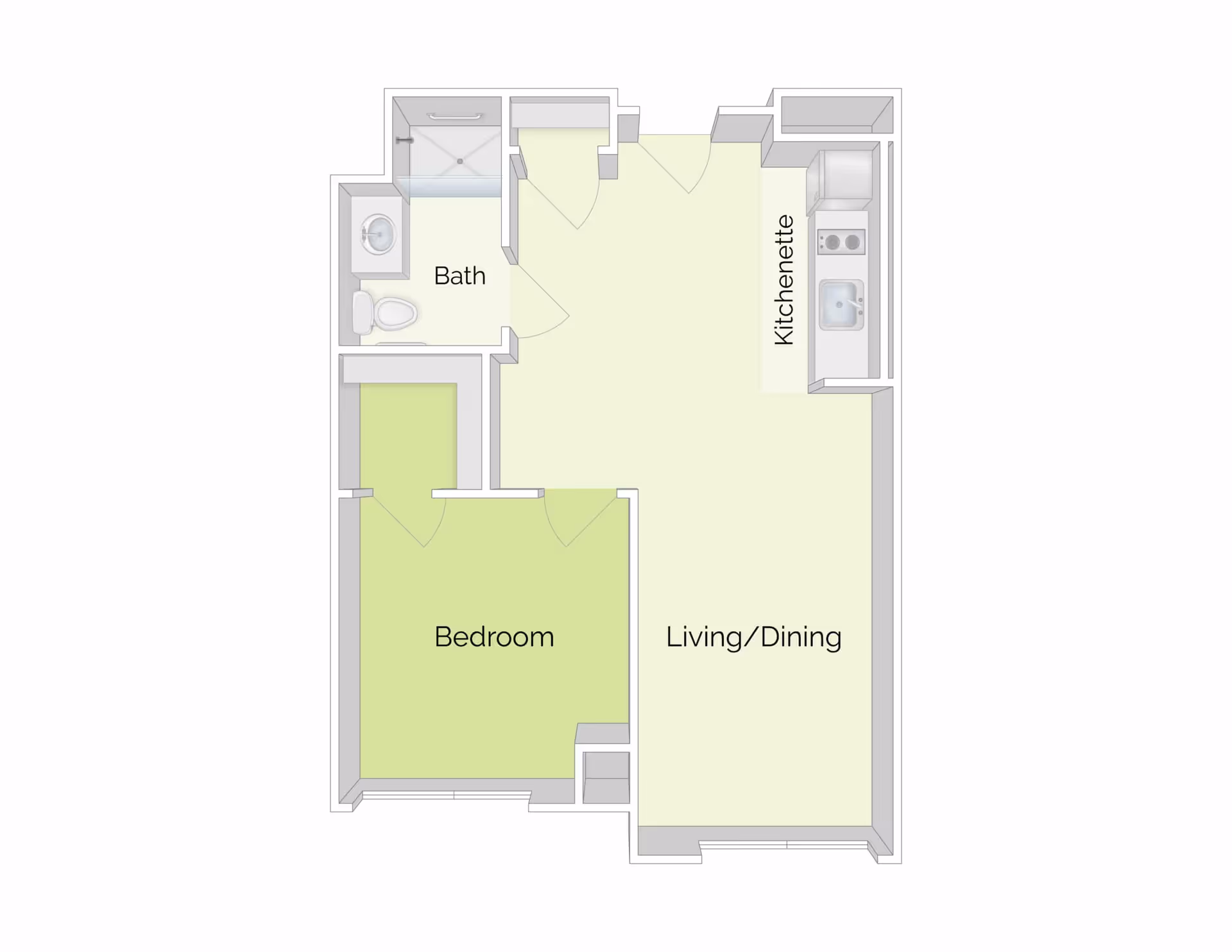 Floor plan of a one-bedroom apartment at The Residence at Salem Woods, showing a bedroom, bath, kitchenette, and combined living/dining area.