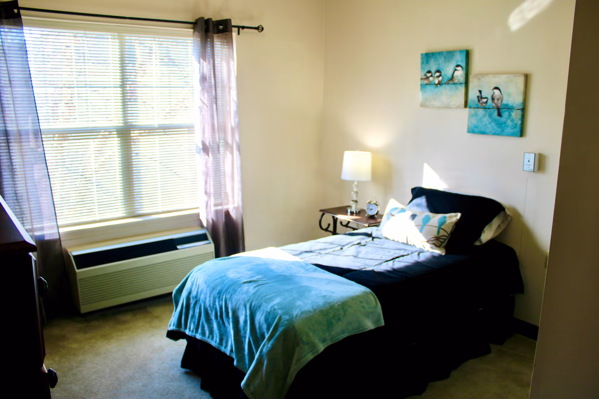A small bright bedroom with a single bed dressed in teal and black linens, a bedside table with a lamp and artwork on the wall, and a large window with blinds and an air-conditioning unit.