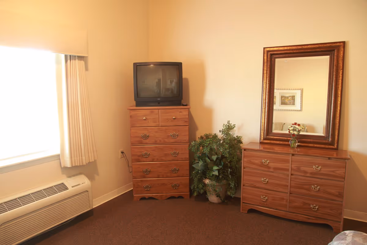 A corner of a room with a wooden dresser topped with an old-style CRT television, next to a wooden chest of drawers with a large framed mirror above it and a small vase with flowers. There is a potted plant between the two pieces of furniture. A window with closed curtains and a wall-mounted air conditioning unit are visible on the left side.