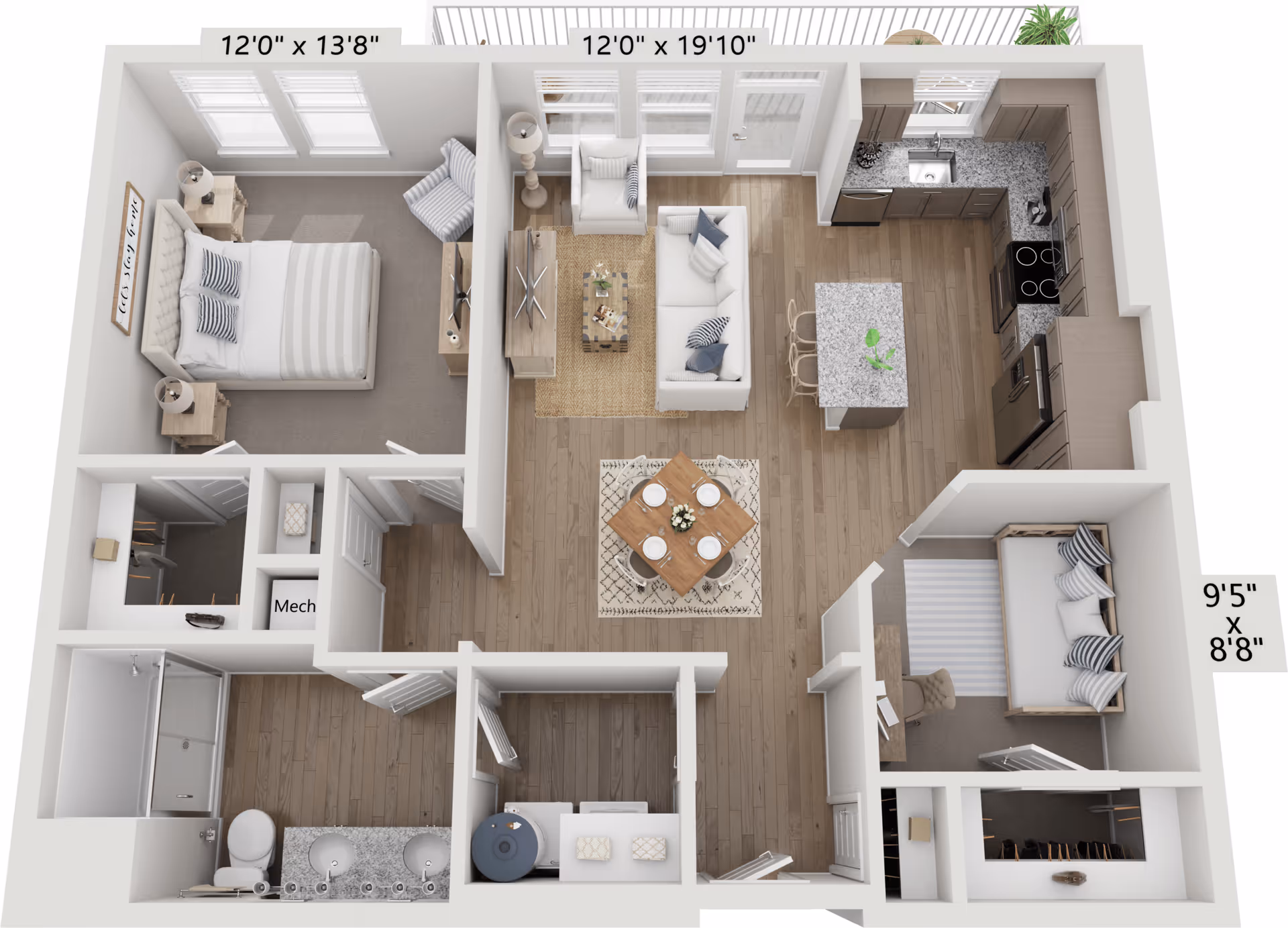 3D floor plan of an apartment at Amberlin Georgetown showing a bedroom with a bed and two nightstands, a living room with a sofa, armchair, coffee table, and TV stand, a kitchen with an island and appliances, a dining area with a table set for four, a bathroom with a shower, toilet, and double sink, and an additional small room with a daybed and desk.