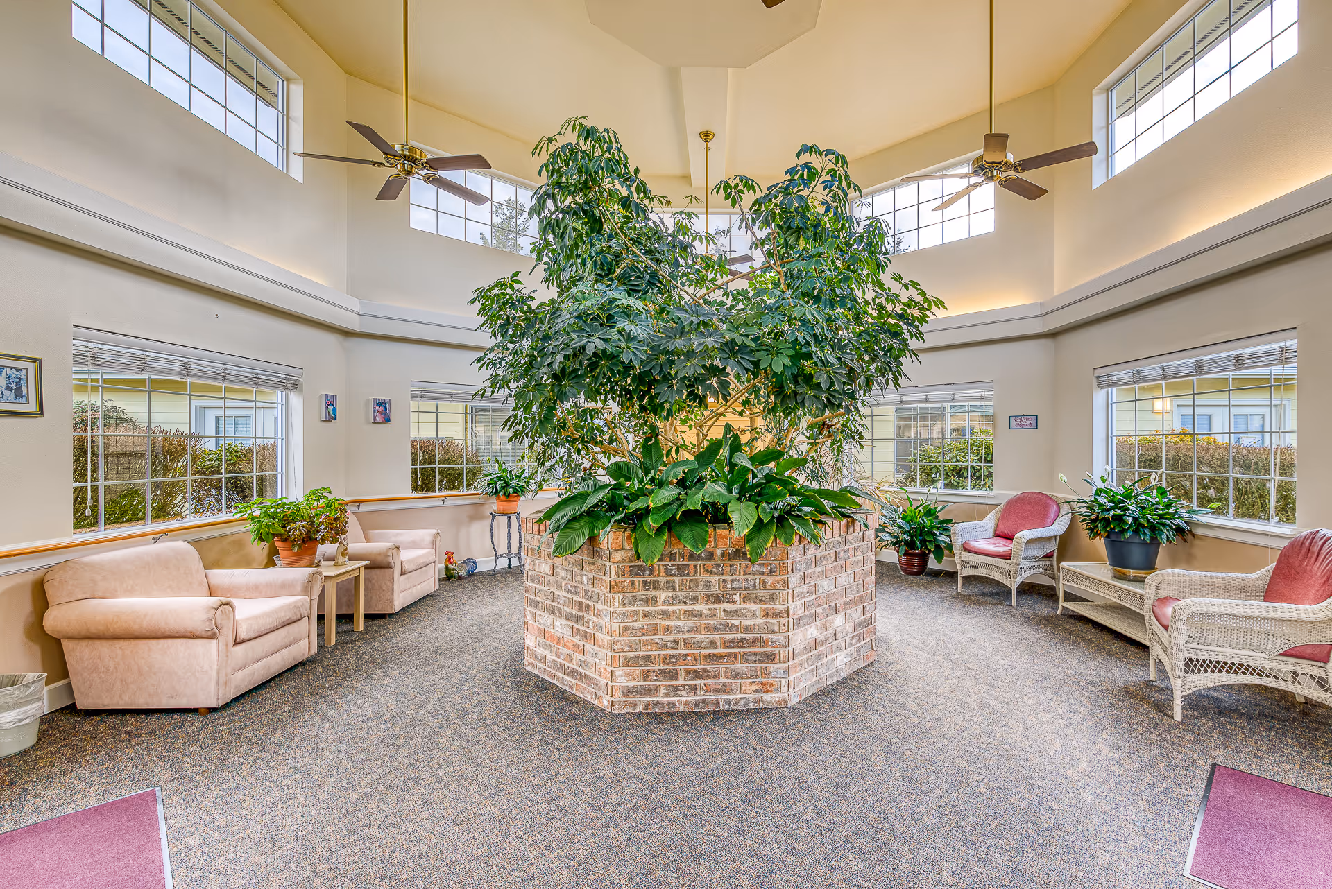 A bright and spacious seating area with large windows and high ceilings featuring ceiling fans. The room has a central brick planter filled with lush green plants. Around the room are various comfortable chairs and small tables with additional potted plants, creating a welcoming and relaxing atmosphere.