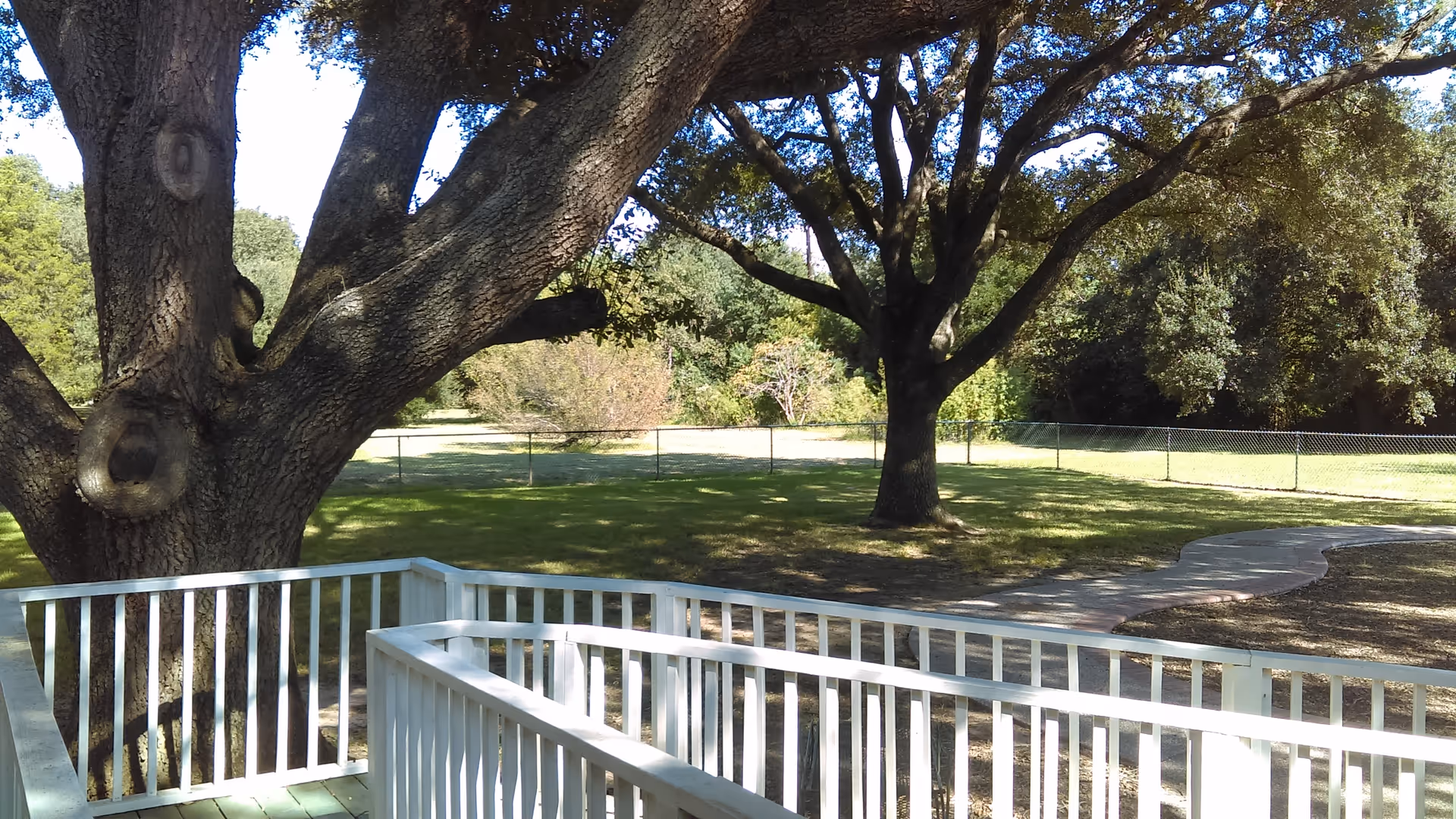 View from a white-railed deck over a grassy yard with large oak trees, a winding path, and a chain-link fence.