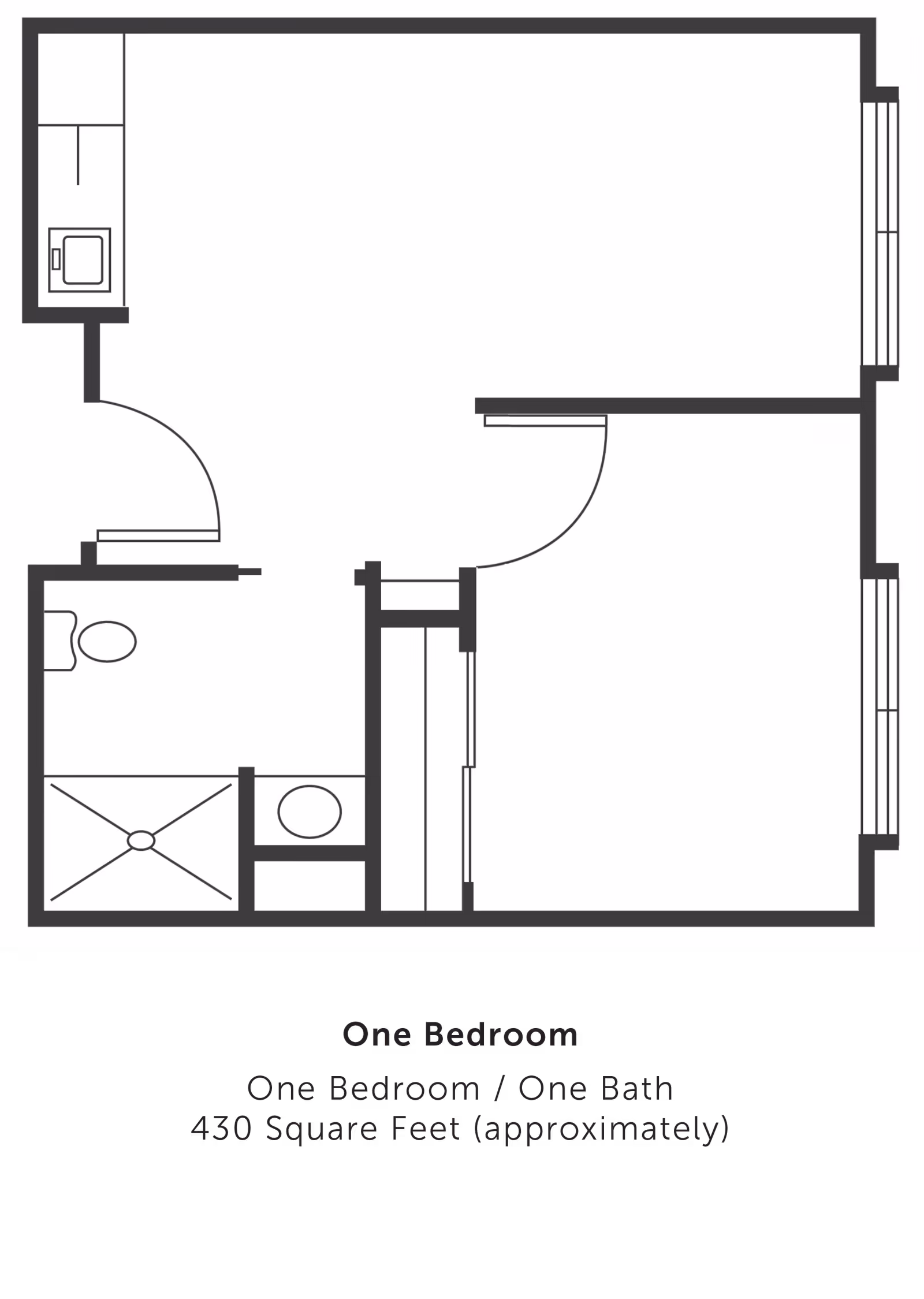 Floor plan layout of a one-bedroom, one-bath apartment with approximately 430 square feet. The plan shows a bedroom, bathroom with shower and toilet, and a small kitchen area.