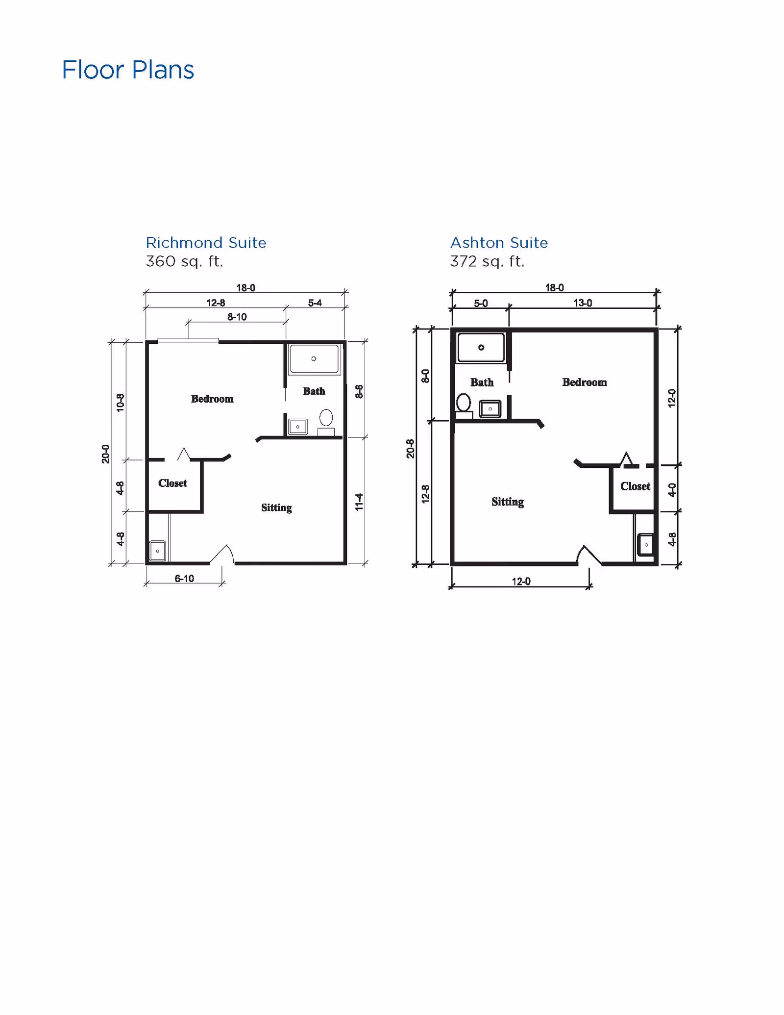Floor plans for two suites at Brookdale Peoria: Richmond Suite (360 sq. ft.) and Ashton Suite (372 sq. ft.). Each plan shows a bedroom, sitting area, bath, and closet with detailed measurements.