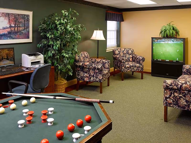 Recreation room with a pool table in the foreground, patterned armchairs around a television showing sports, a computer desk, and potted plants.