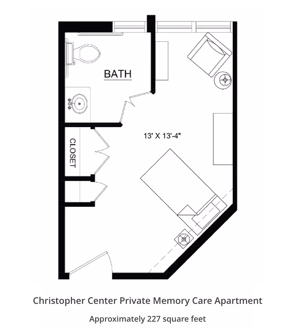 Floor plan of a private memory care apartment at Christopher Center showing a room measuring 13 feet by 13 feet 4 inches, with a bed, chair, side tables, a closet, and a bathroom with a toilet and sink.
