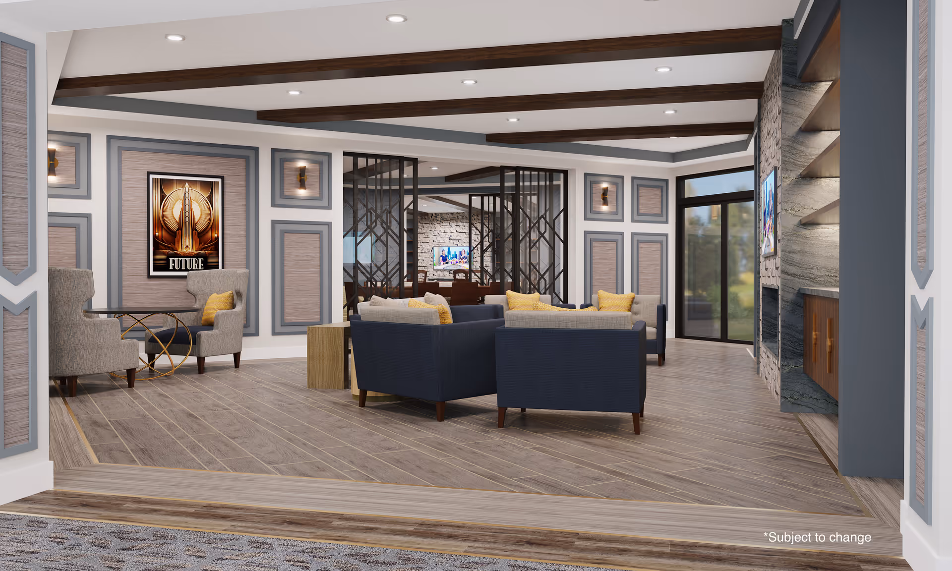 Open contemporary lounge with armchairs and sofas arranged around a TV, decorative wall panels, and large windows.