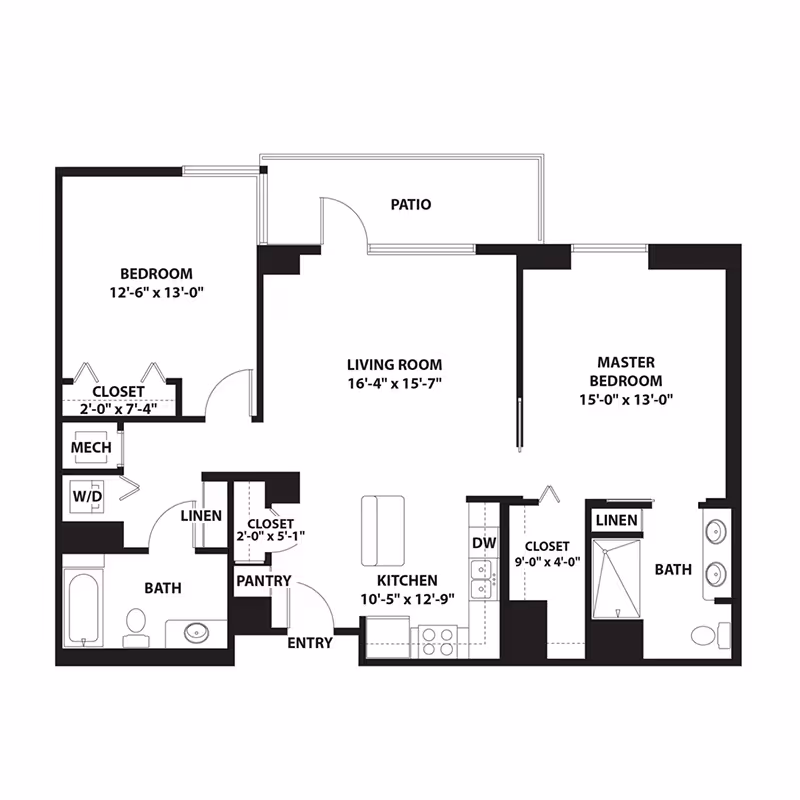 Black-and-white floor plan of a two-bedroom apartment showing a living room, kitchen with island, two bathrooms, closets, pantry, linen closets, and a patio with room dimensions labeled.