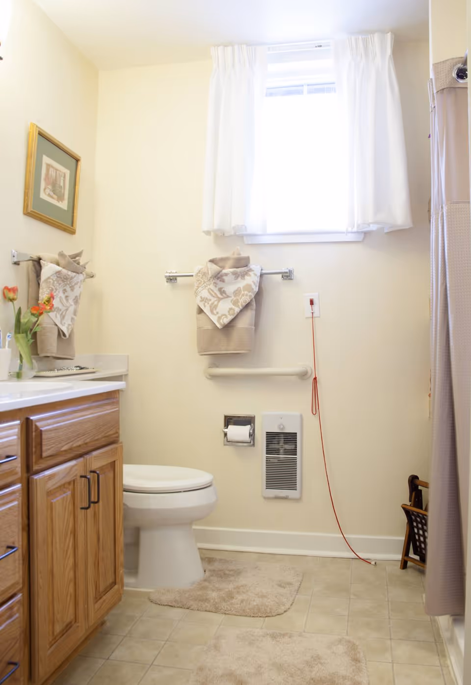 Bright bathroom with a toilet, wood vanity, towel racks, a grab bar, small wall heater, and a curtained window.