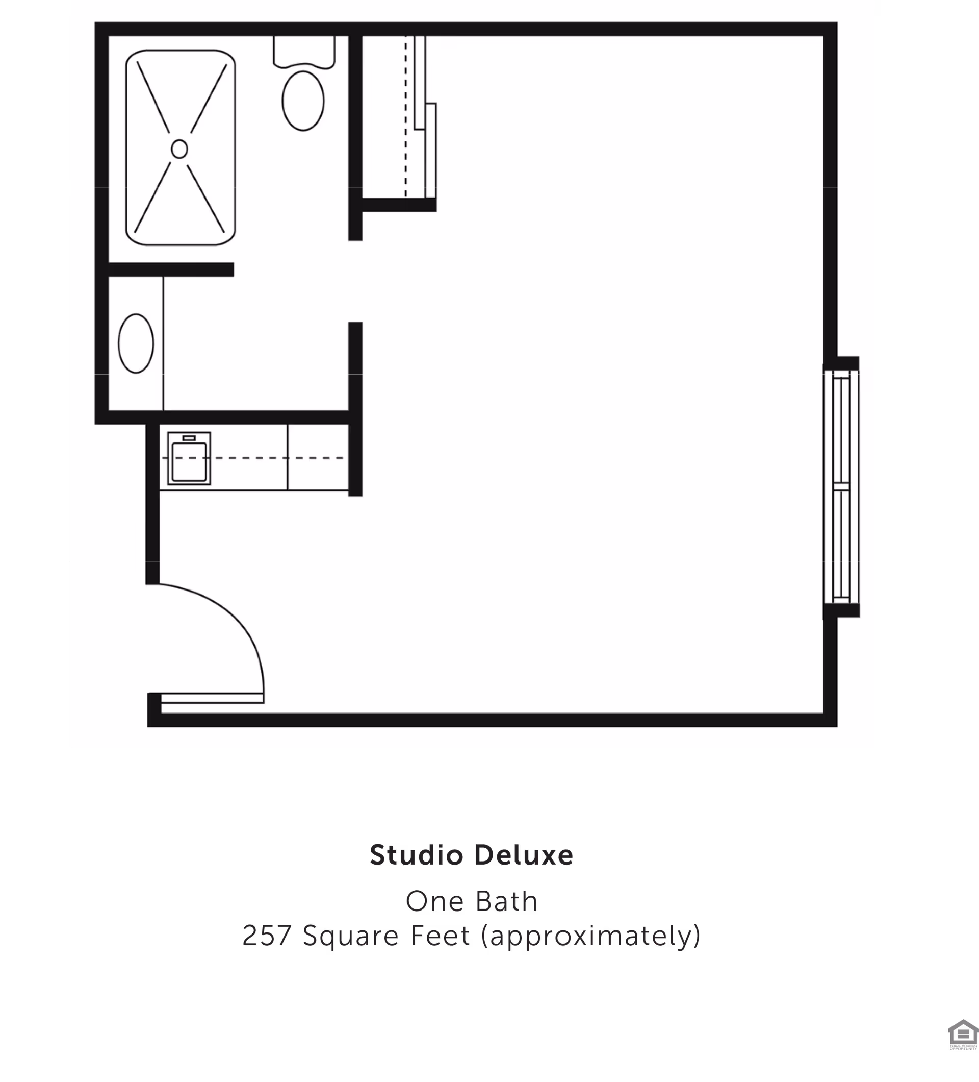 Floor plan of a studio deluxe apartment with one bathroom, showing a combined living and sleeping area, a bathroom with a bathtub, toilet, and sink, and a small kitchen area near the entrance. The total area is approximately 257 square feet.