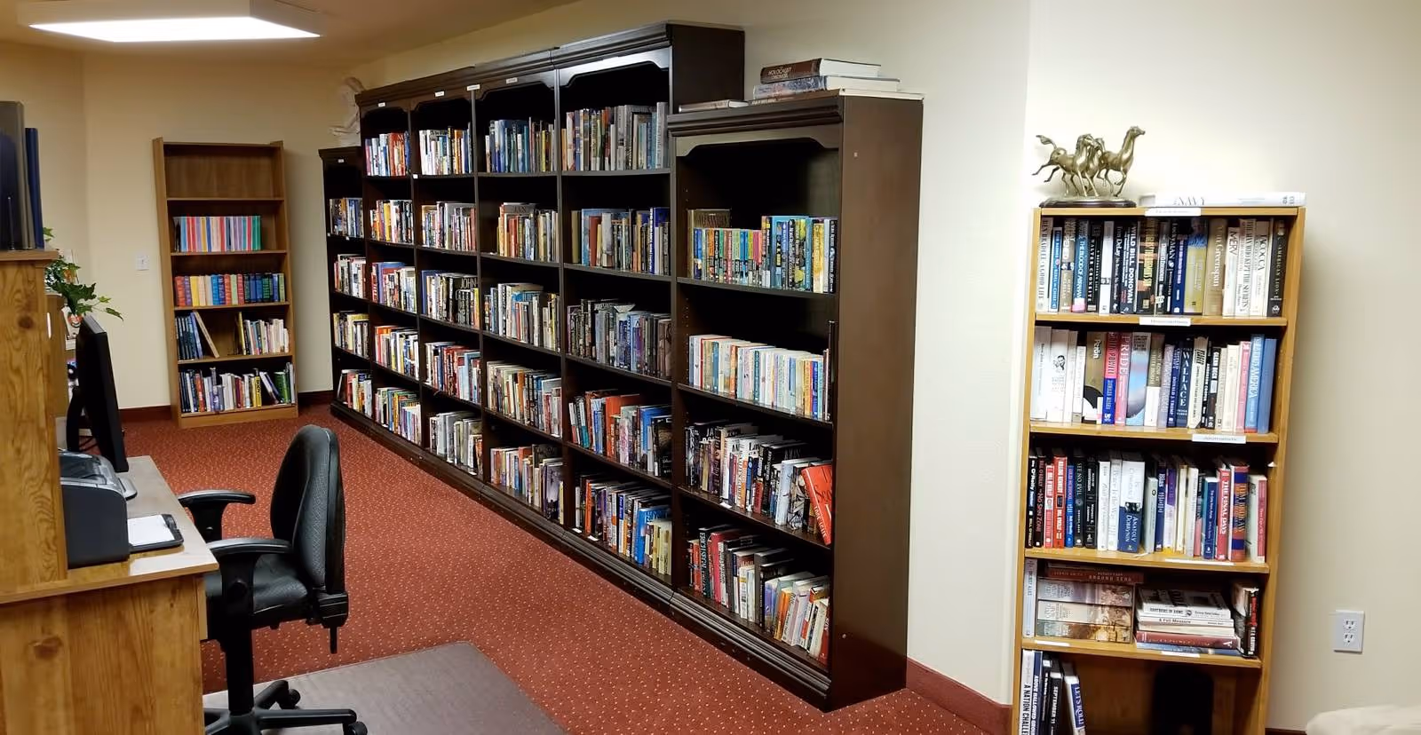 Interior of a library or reading room with multiple bookshelves filled with books along the walls. There is a wooden desk with a computer and an office chair on the left side. The floor is carpeted in red with a dotted pattern, and the walls are painted light beige. A small sculpture of horses is placed on top of one bookshelf.