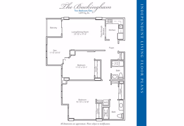 Black-and-white floor plan titled 'The Buckingham' showing a two-bedroom-plus-den apartment layout with living/dining room, kitchen, two baths, balcony, and closets.