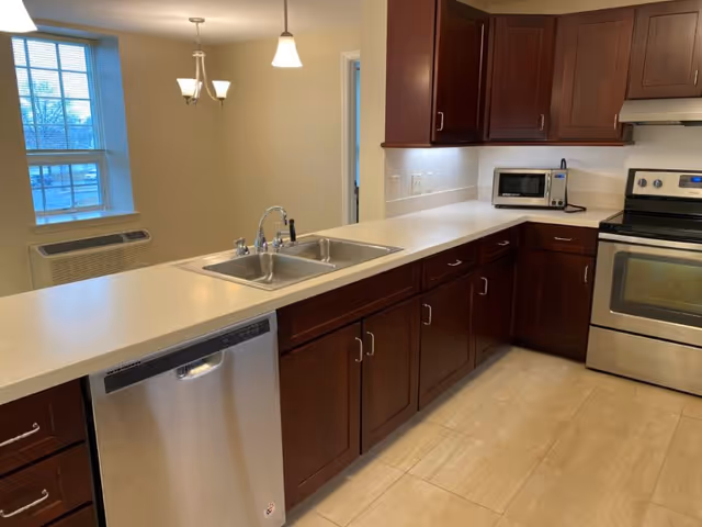 A modern kitchen with dark wood cabinets, a double stainless steel sink, a dishwasher, a microwave, and a stainless steel electric stove. The kitchen counter extends into a breakfast bar area with a view of a window and a hanging light fixture in the adjacent dining space.