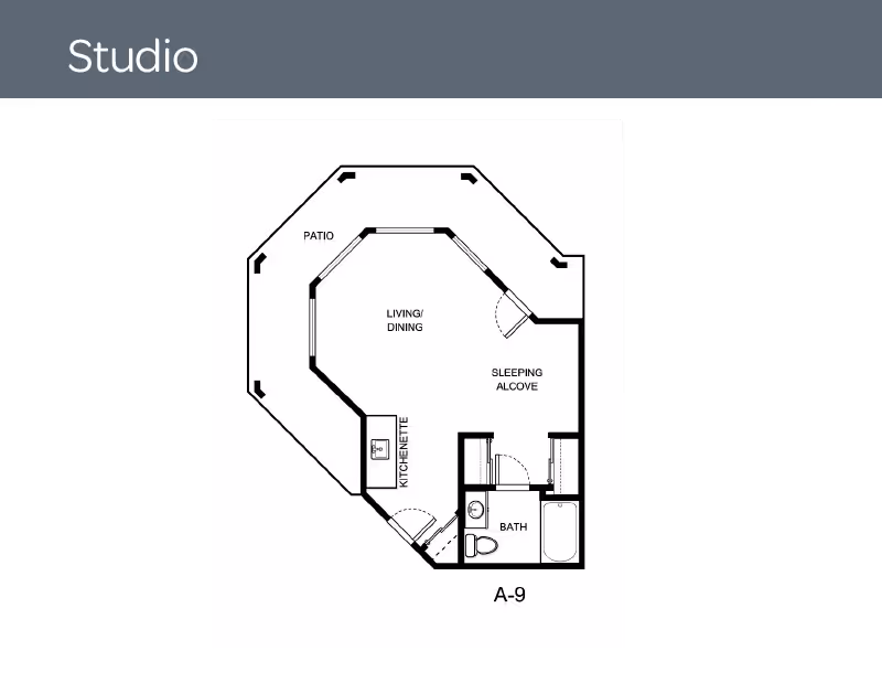Black-and-white studio floor plan showing a living/dining area with an adjacent patio, kitchenette, sleeping alcove, and bathroom.