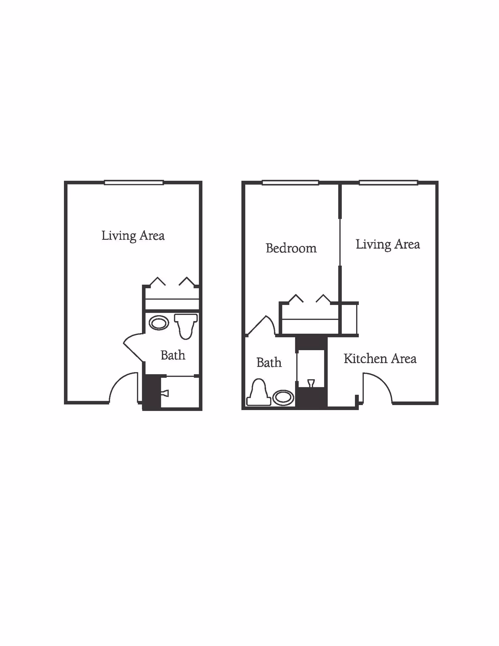 Architectural floor plan showing two layouts. The first layout includes a living area and a bathroom. The second layout includes a bedroom, living area, kitchen area, and a bathroom.