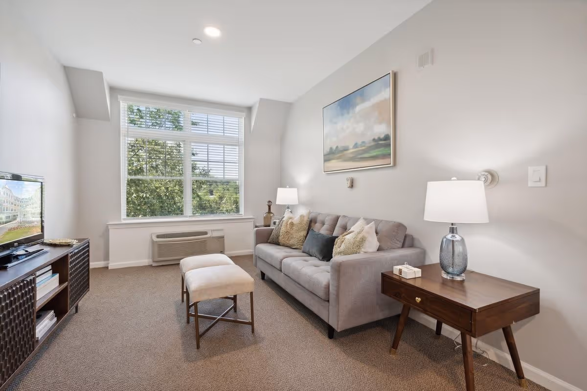 Bright living room with a gray sofa, ottoman, wooden side table and TV console in front of a large window.