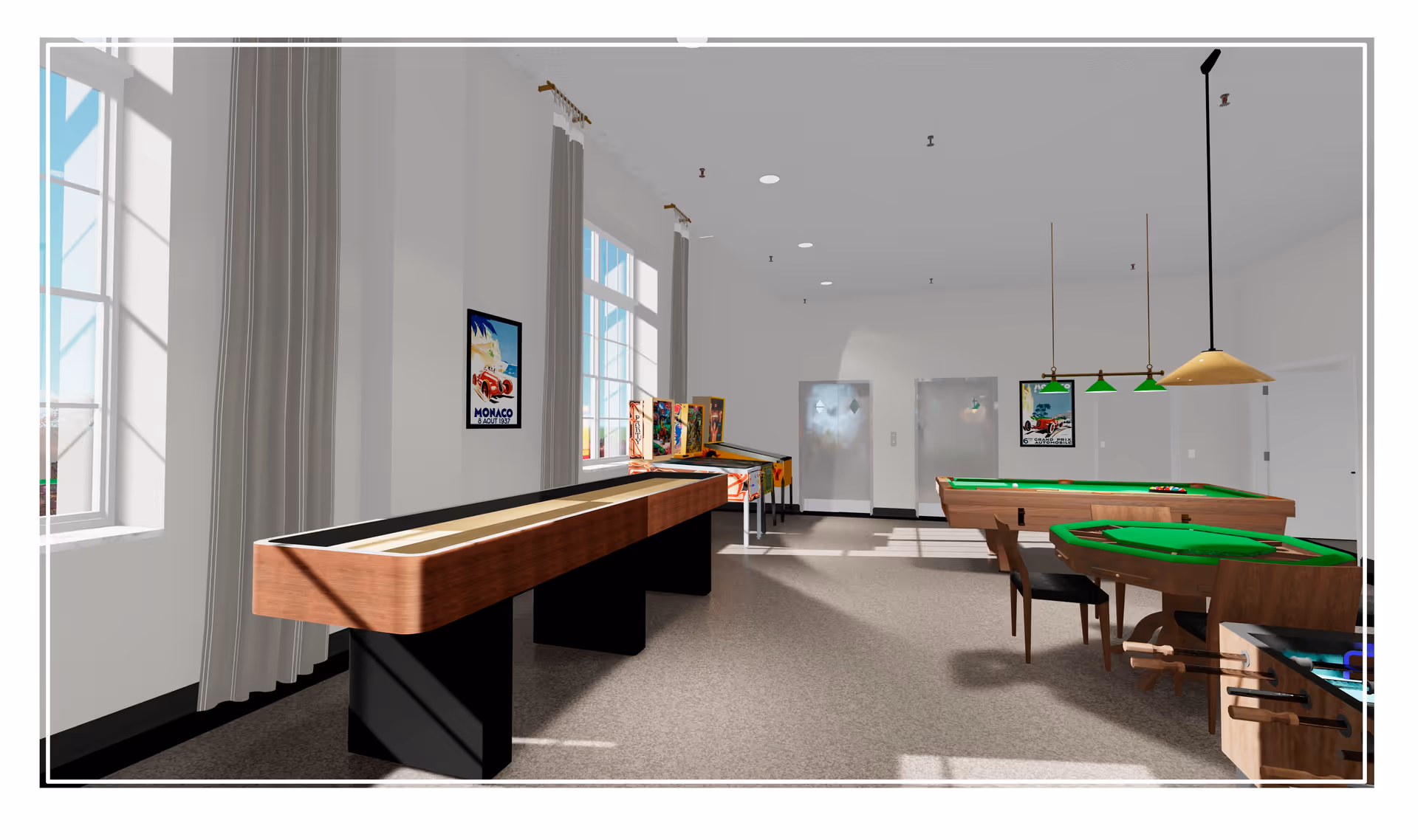 A bright game room with large windows letting in natural light. The room features a shuffleboard table, two pinball machines, a pool table with green felt, a card table with green felt and four chairs, and a foosball table. There are two elevator doors at the far end of the room and framed posters on the walls.