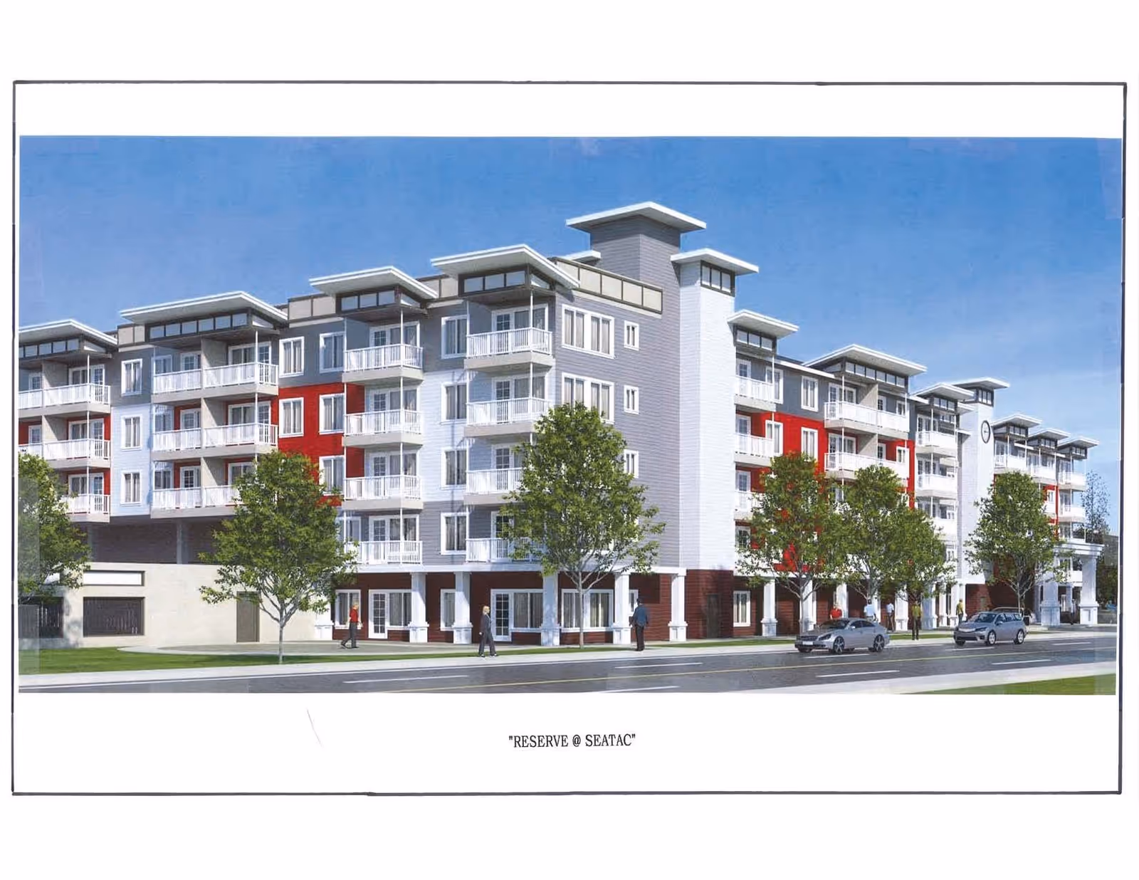 Rendering of a modern five-story apartment building with balconies, street trees, cars, and pedestrians.