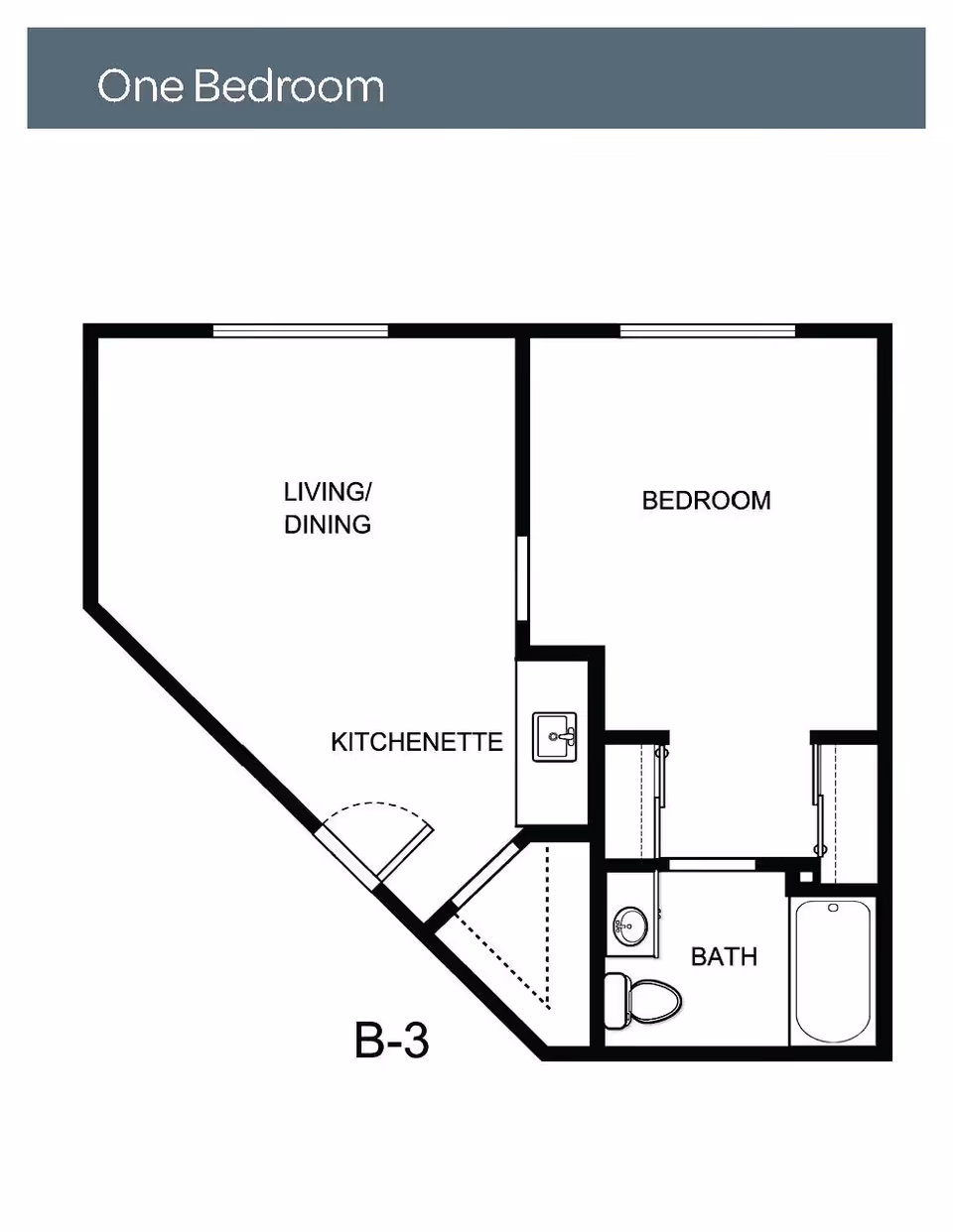 Floor plan layout of a one-bedroom apartment labeled B-3, showing a living/dining area combined with a kitchenette, a separate bedroom, and a bathroom with a bathtub, toilet, and sink.