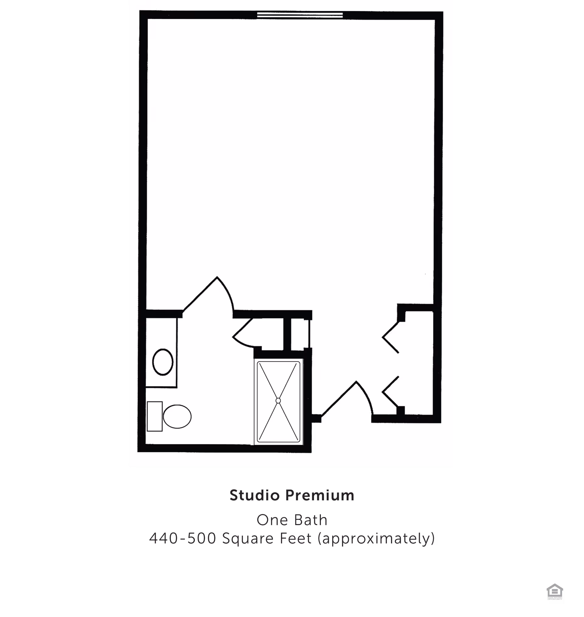 Floor plan layout of a studio premium apartment with one bathroom, approximately 440-500 square feet. The plan shows a bathroom with a toilet, sink, and shower, an entry area with closets, and a large open living space.