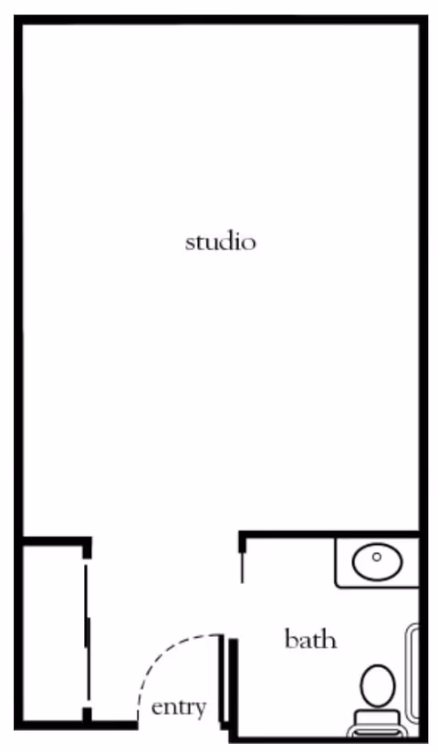 Floor plan of a studio apartment with an entry area and a bathroom that includes a sink, toilet, and bathtub.