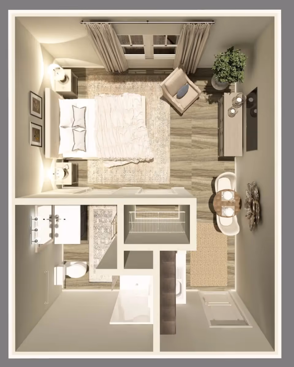 Top-down 3D floor plan of a furnished studio apartment showing a bed with nightstands, chair and dresser, small dining table, closet and bathroom.