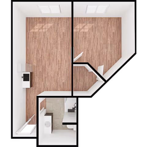 Top-down view of a small apartment floor plan with two main rooms featuring wood flooring, a small bathroom with tiled flooring, and a kitchenette area with a sink and counter.