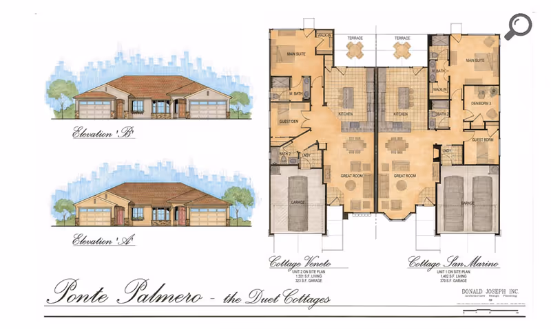 Architectural illustration showing front elevations and a two-unit duplex floor plan for Ponte Palmero with labeled rooms and garages.