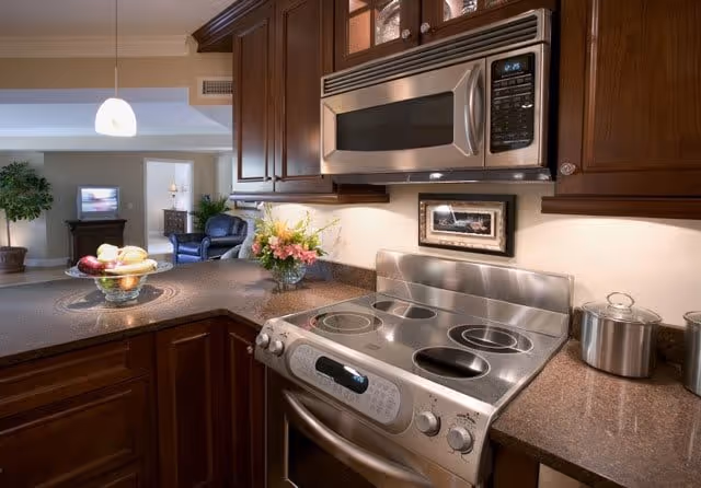 A modern kitchen with dark wood cabinets, a stainless steel microwave mounted above a stainless steel electric stove with four burners. A countertop with a bowl of fruit and a vase of flowers separates the kitchen from a living area with a TV, armchair, and potted plant.