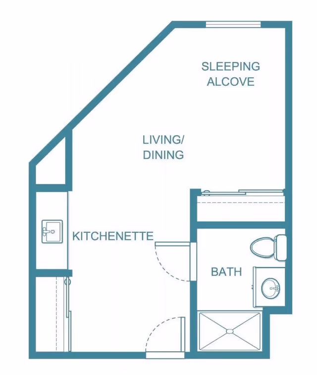 Floor plan of a small living space at Holiday Niagara Village showing a kitchenette, living/dining area, sleeping alcove, and a bathroom with a shower, toilet, and sink.