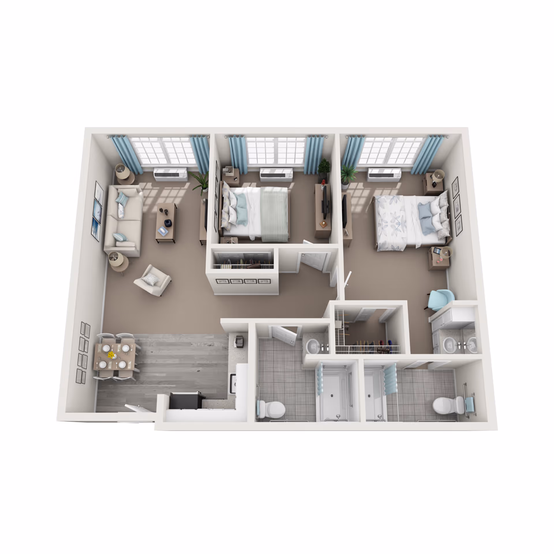3D floor plan of a two-bedroom apartment featuring a living room with sofa and armchair, a dining area with a table set for four, a kitchen, two bedrooms each with a bed and TV, and two bathrooms with showers and toilets.