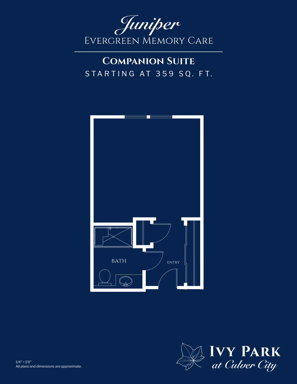 Floor plan of the Juniper Evergreen Memory Care Companion Suite at Ivy Park at Culver City, showing a layout with an entry area, a bathroom with a toilet, sink, and shower, and a main living space. The suite starts at 359 square feet.