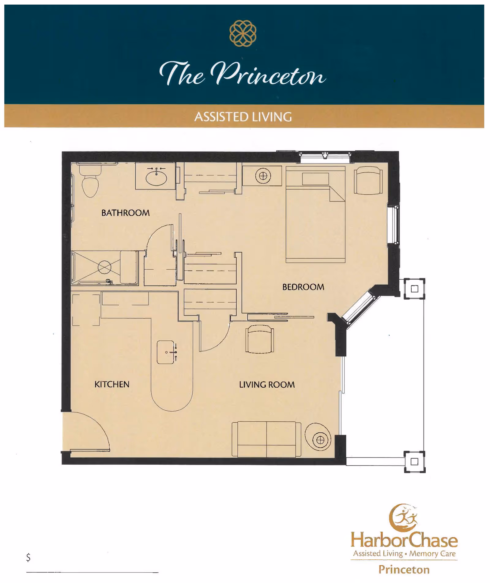 Floor plan of an assisted living unit named The Princeton, showing a layout with a bathroom, bedroom, kitchen, and living room. The bathroom includes a toilet, sink, and shower. The bedroom has a bed and chair. The kitchen features a counter with a sink. The living room contains a sofa, chair, and side table. The plan includes labeled rooms and a small balcony or outdoor space.