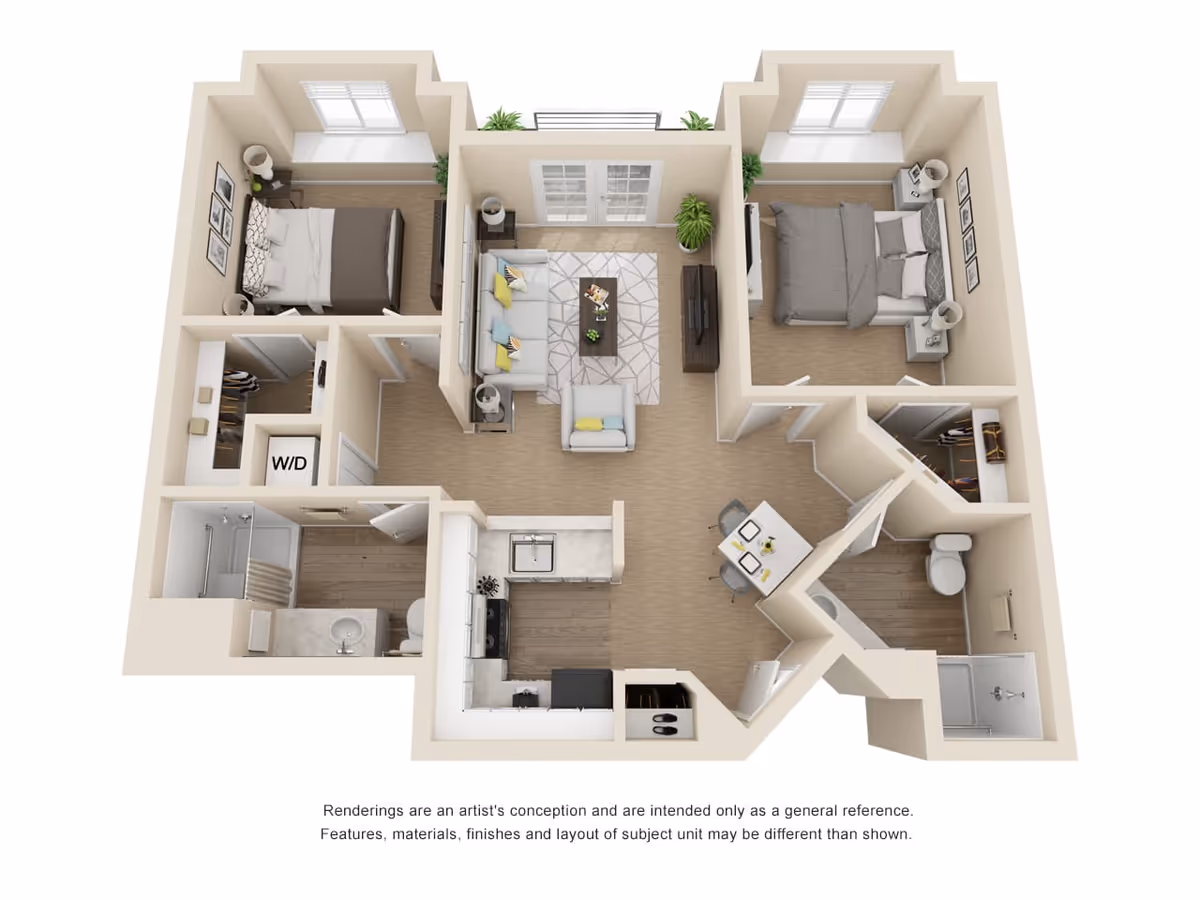 3D floor plan of an apartment unit featuring two bedrooms, a living room with sofa and armchair, a kitchen with appliances, a dining area with a table and chairs, two bathrooms, and closets. The layout includes windows and doors, with furniture and fixtures arranged to show a functional living space.