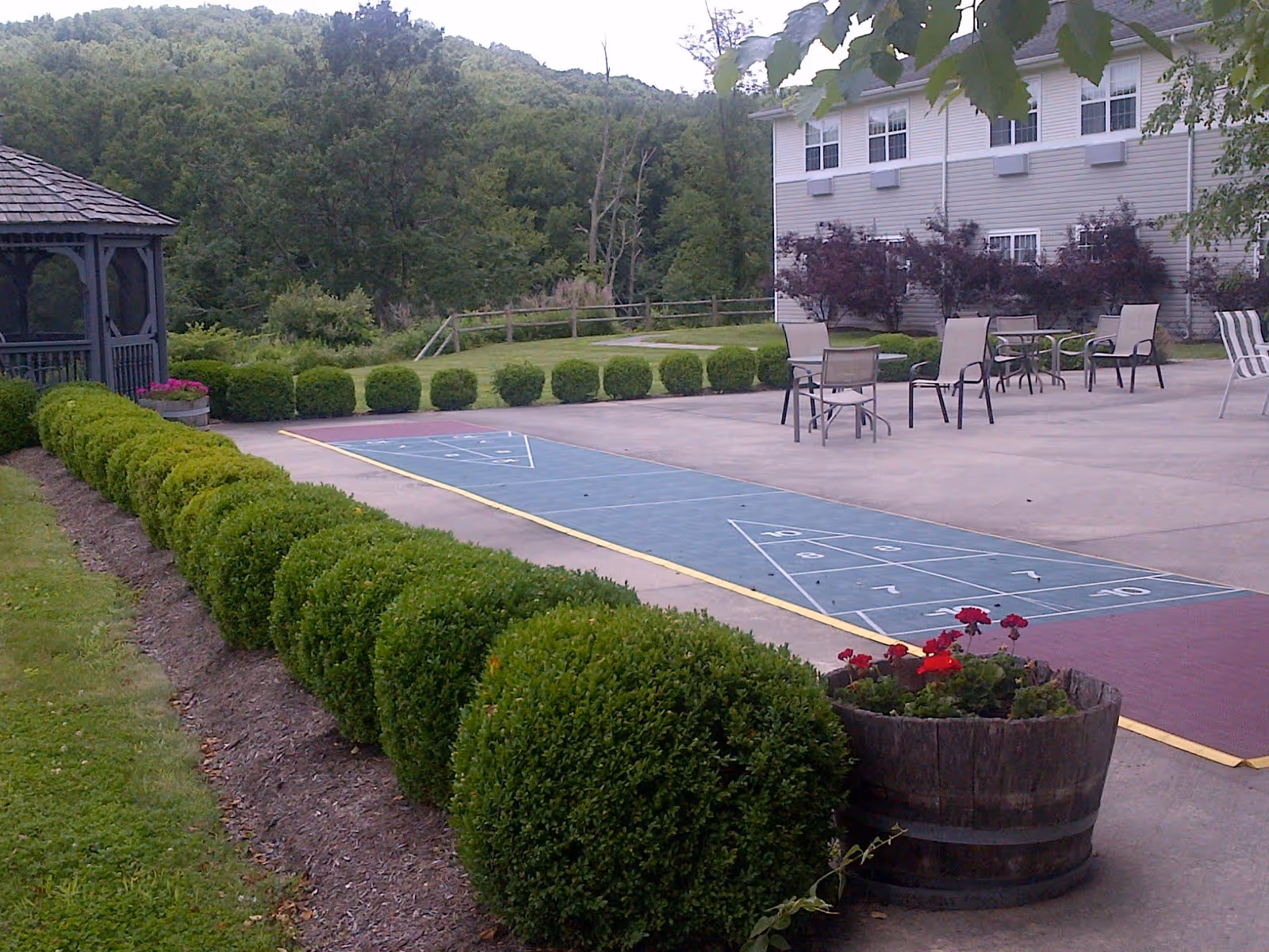 Outdoor patio area with shuffleboard court, several tables and chairs, neatly trimmed bushes, a wooden planter with red flowers, a gazebo on the left, and a multi-story building in the background surrounded by trees and greenery.