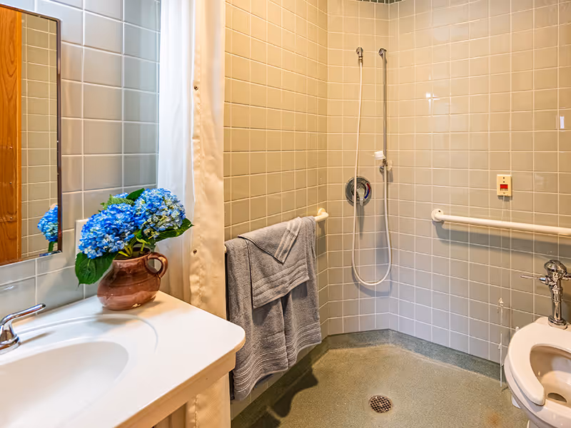 A clean bathroom featuring a shower with grab bars, a towel hanging, and a vase of blue flowers on the sink.