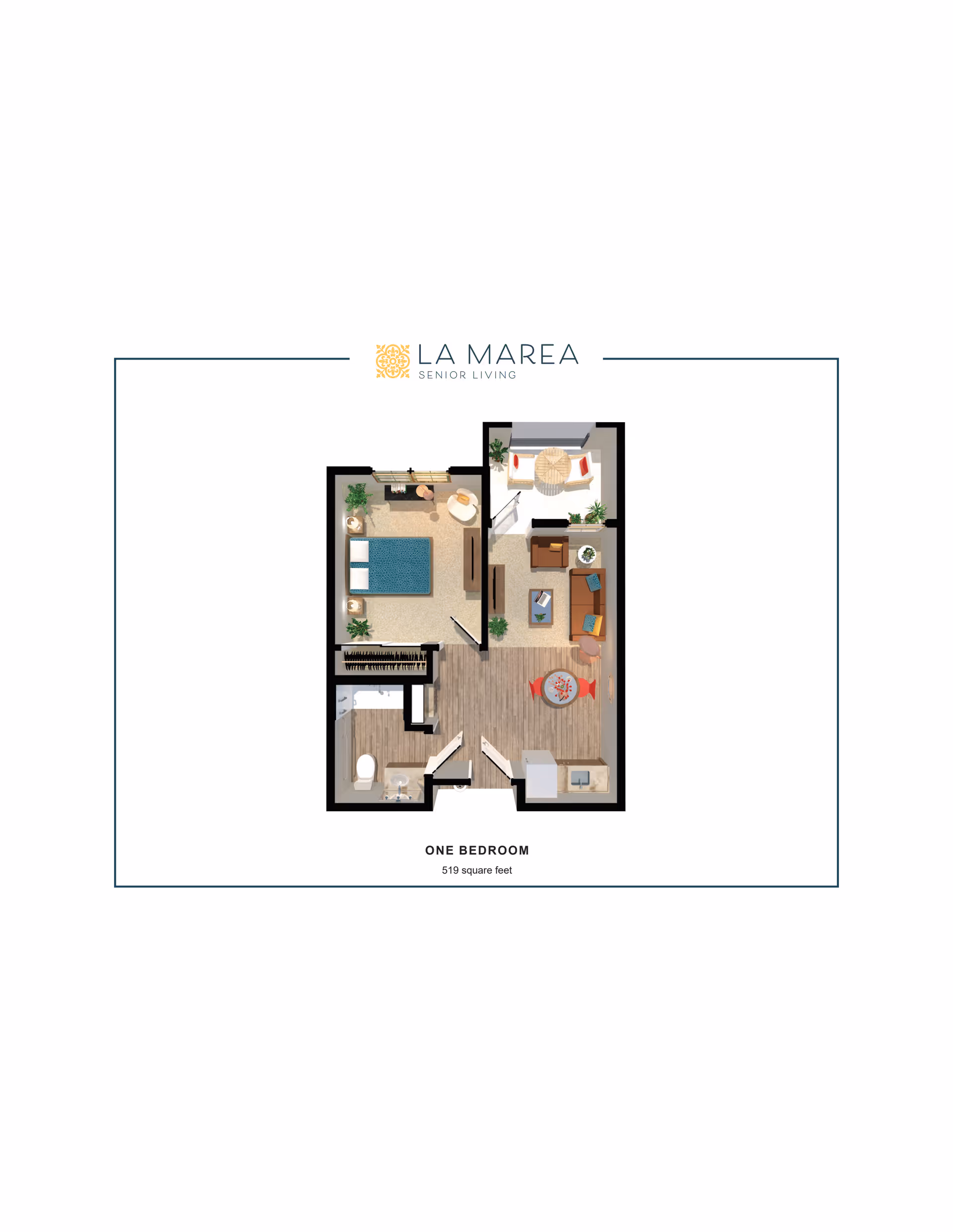 Floor plan of a one-bedroom senior living apartment at La Marea Senior Living, showing a bedroom with a bed and nightstands, a bathroom with a toilet and sink, a living room with a sofa, coffee table, and TV, a dining area with a round table and chairs, and a small kitchen area. The total area is 519 square feet.