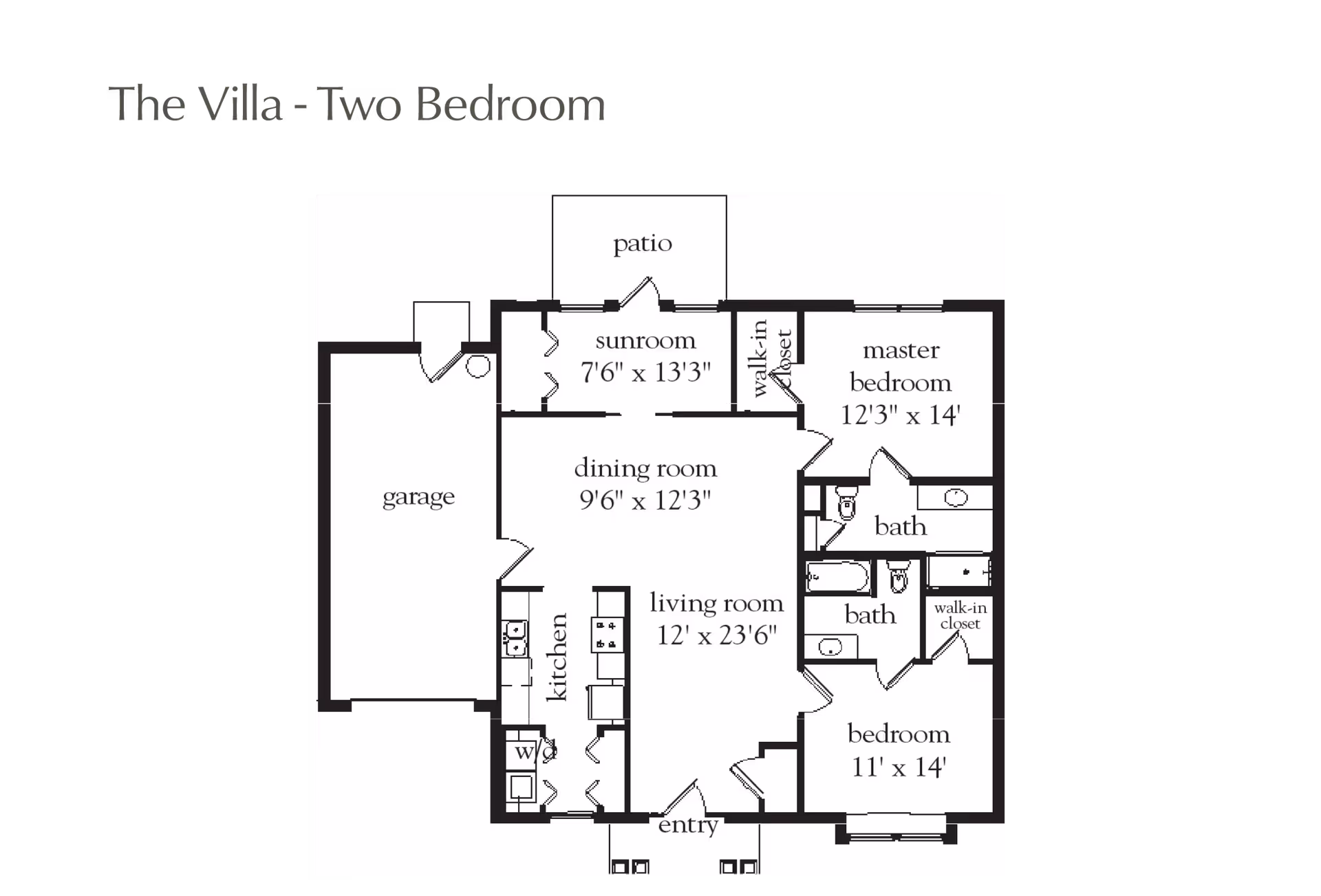 Floor plan titled 'The Villa - Two Bedroom' showing a layout with a garage, kitchen, dining room, living room, sunroom, master bedroom with walk-in closet, second bedroom with walk-in closet, two bathrooms, and a patio.