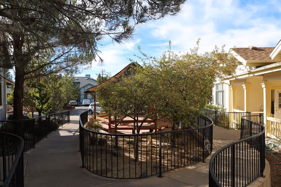 Curved paved walkway with black metal railings around a small tree-filled courtyard and gazebo next to a yellow building.