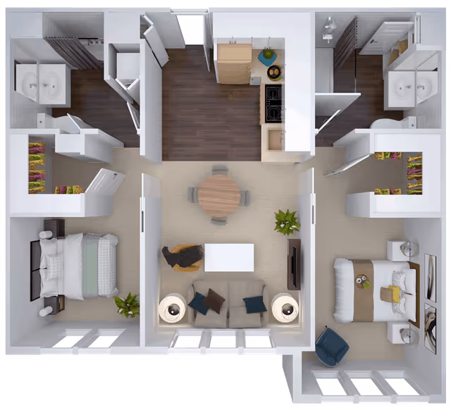 Top-down view of a two-bedroom apartment floor plan featuring a central living room with a sofa, coffee table, two lamps, and a TV. Adjacent to the living room is a round dining table with four chairs. The kitchen area has a stove, sink, and refrigerator with wood flooring. Each bedroom has a bed, nightstands, and closets. Both bedrooms have attached bathrooms with sinks, toilets, and showers. There are windows along the outer walls providing natural light.