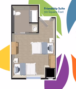 Floor plan of a Friendship Suite measuring 312 square feet, featuring two single beds, two nightstands with lamps, a dresser, a closet, and a bathroom with a toilet and sink.