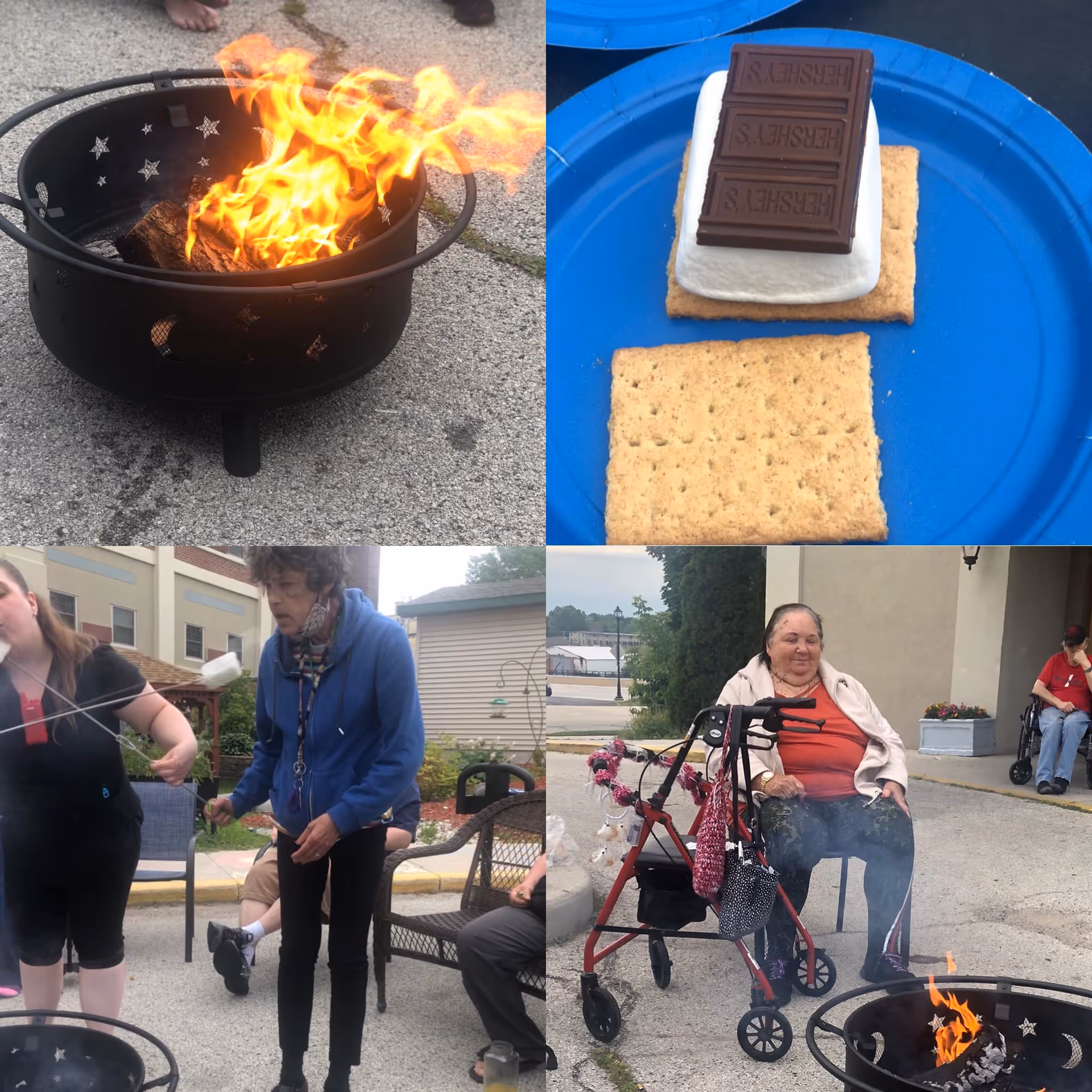A collage of four images showing an outdoor fire pit with flames, a close-up of a s'more with a graham cracker, marshmallow, and Hershey's chocolate on a blue plate, two women roasting marshmallows over the fire pit, and an elderly woman sitting near the fire pit with a red walker decorated with flowers.