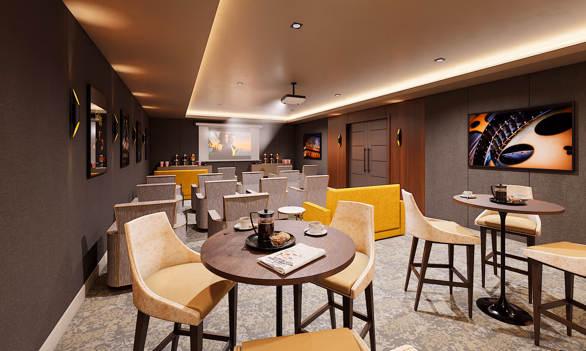 Modern communal media lounge with round tables and upholstered chairs facing a projector screen and wall-mounted TVs.