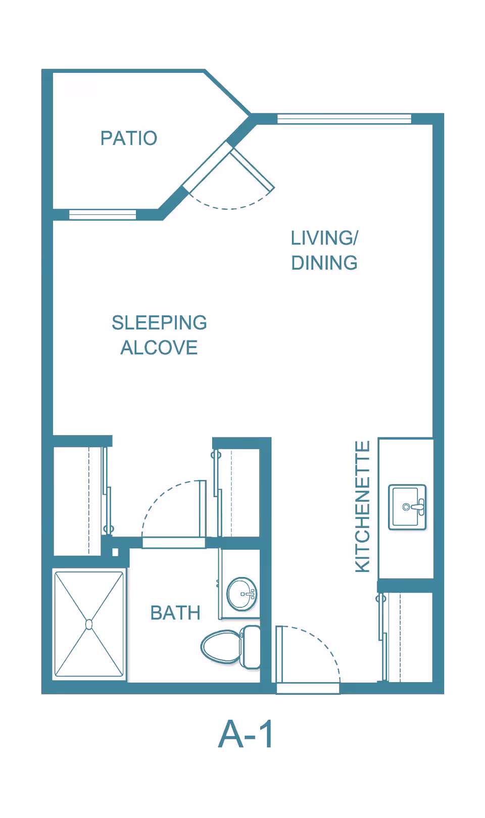 Floor plan labeled A-1 showing a layout with a patio, living/dining area, sleeping alcove, kitchenette, and a bathroom with a shower, toilet, and sink.