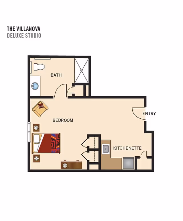 Floor plan of The Villanova Deluxe Studio at The Preston of the Park Cities showing a bedroom area with a bed, chair, and dresser, a bathroom with a toilet, sink, and shower, and a kitchenette with a sink and refrigerator near the entry.