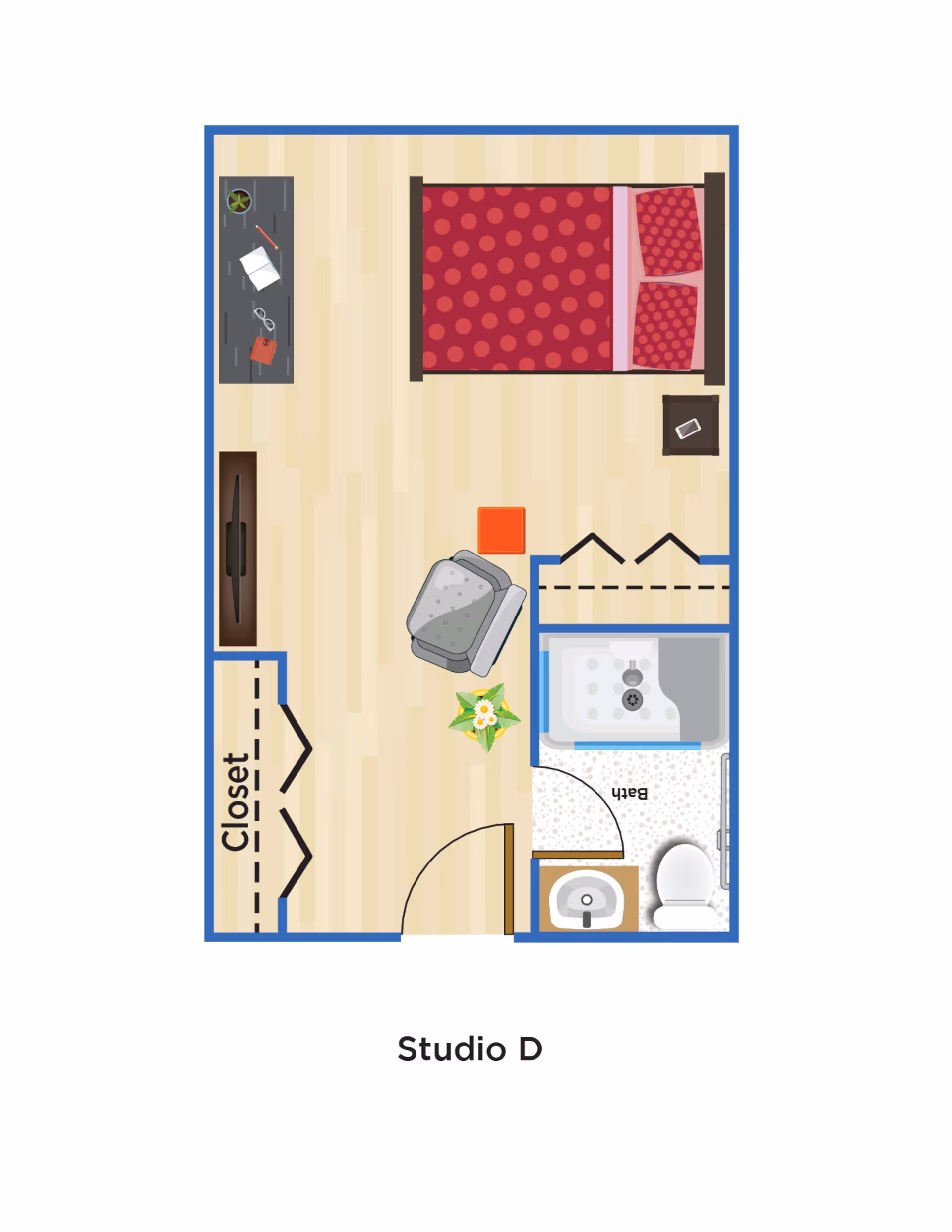 Floor plan of a studio apartment labeled Studio D, showing a combined living and sleeping area with a bed, chair, TV, desk, and closet. There is a separate bathroom with a bathtub, toilet, and sink.