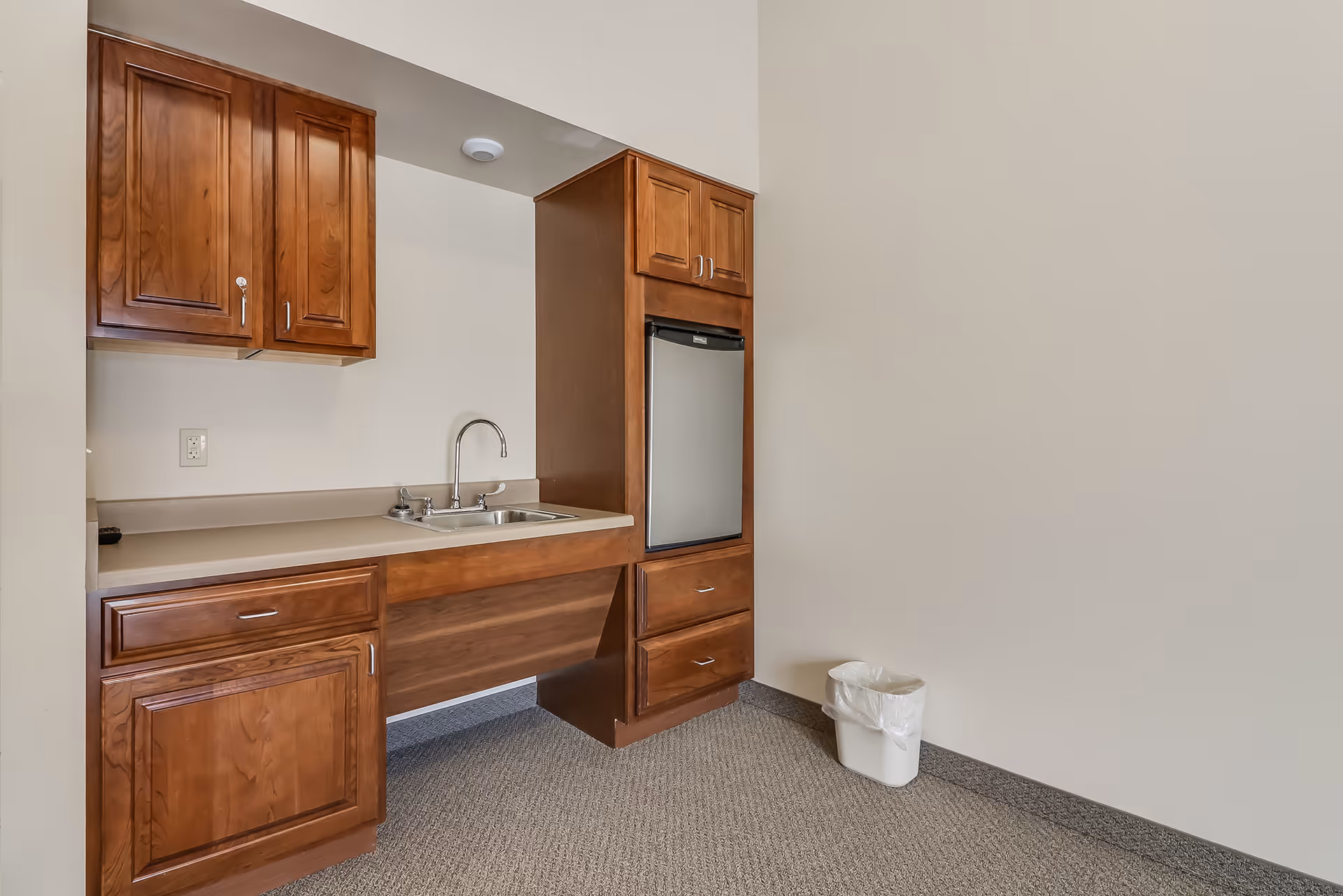 Small kitchenette area with wooden cabinets, a countertop with a sink and faucet, a built-in mini refrigerator, and a small trash bin on the carpeted floor against a plain beige wall.